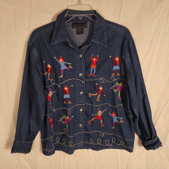 new directions Jackets & Blazers - Vintage Style Embroidered Denim Jacket Ice Skating Cottagecore Whimsical Y2K
